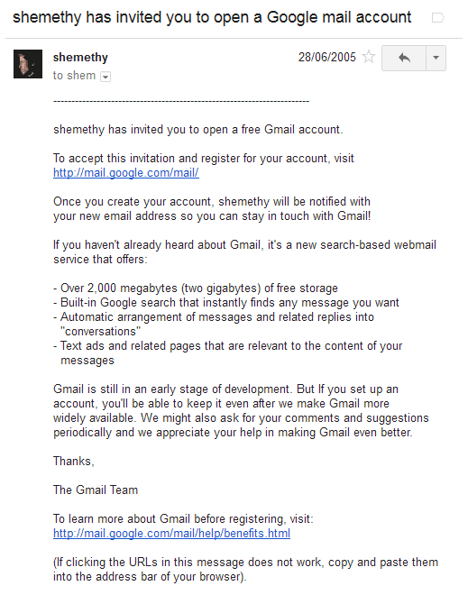 Gmail 2005 invite